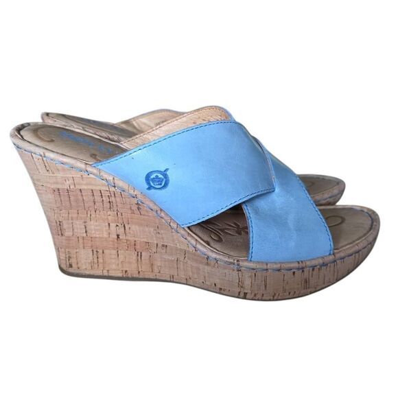 Born Women's Size 7 Blue Tan Cork Leather Wedge Heels - Picture 1 of 7